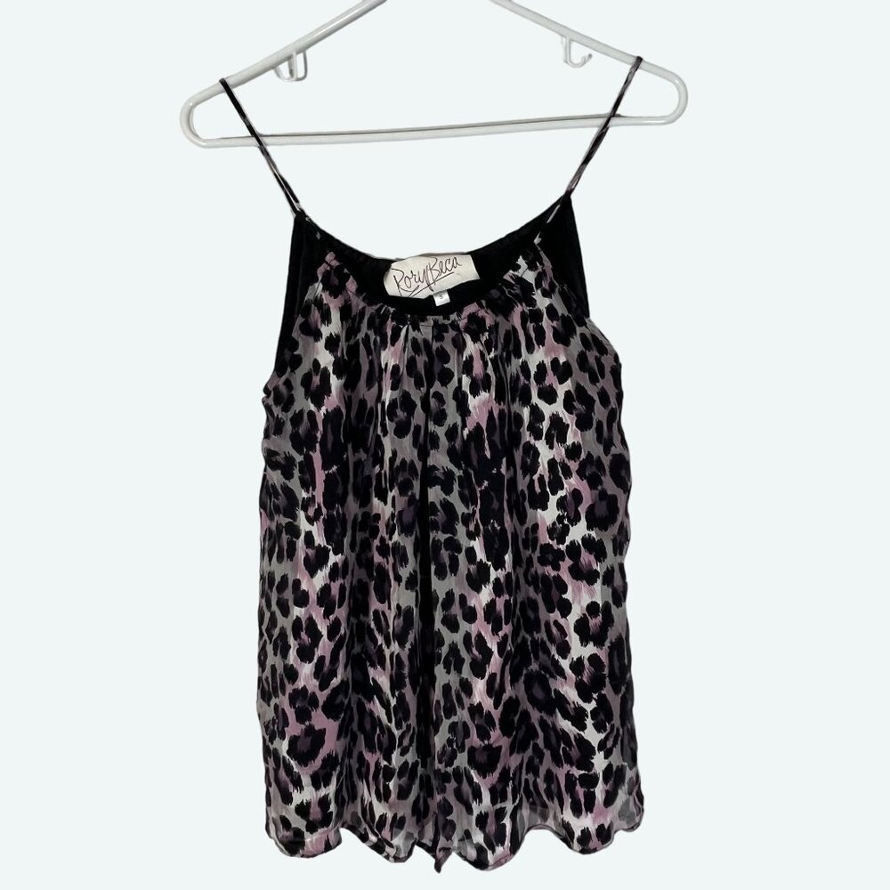 Rory Beca 100% Silk Spaghetti Strap Cami Tank Top Purple Leopard Print Small